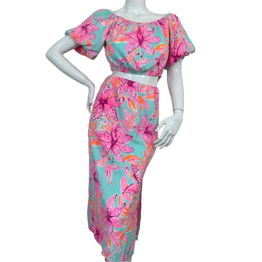 Lilly Pulitzer dress set Elegant Pink sea Blue peekaboo style unique sz L NWT - Picture 10 of 16